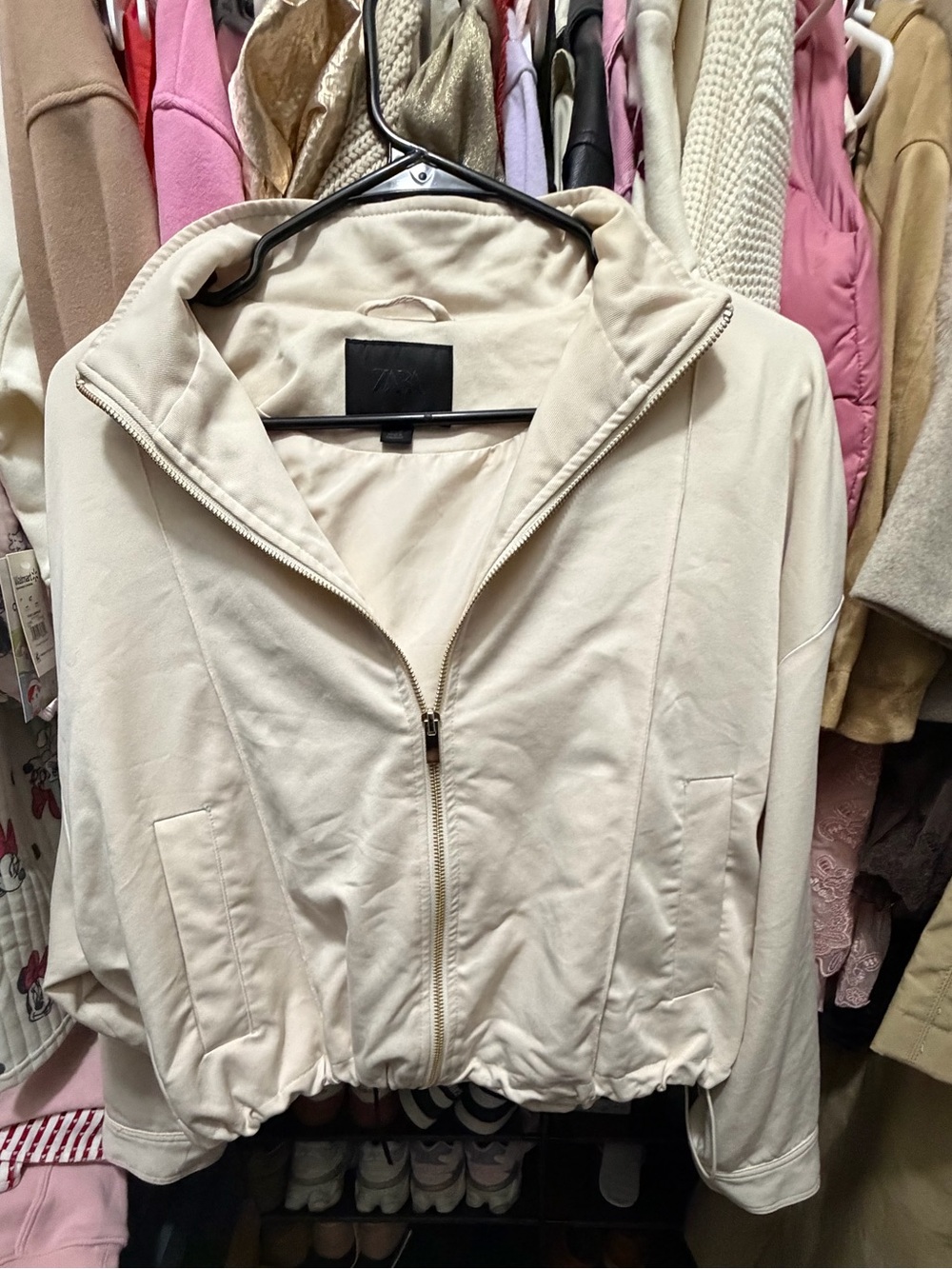 Zara Women's Cream Zip-Front Jacket with Stand Collar